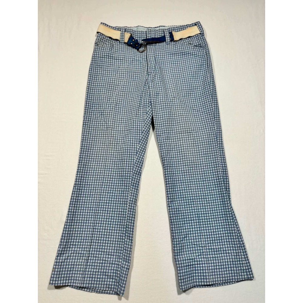 Vintage MW Gingham Check Flare Pants Blue White Belted 70s Retro Trousers 32x28